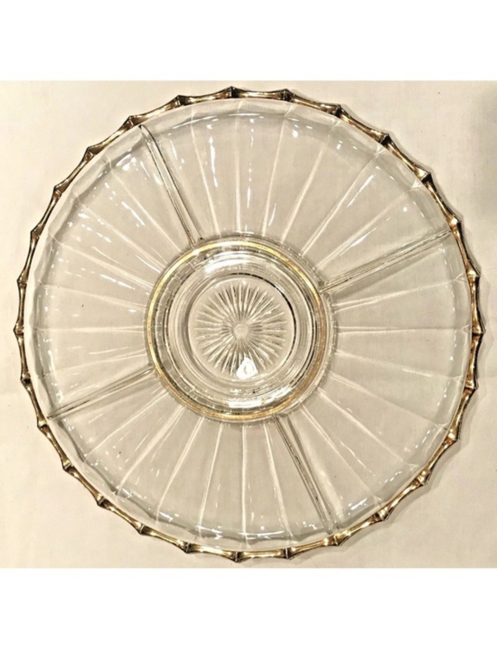 Vintage 1953 Jeannette 13”Round 5 Part Relish Glass Tray Gold Trim